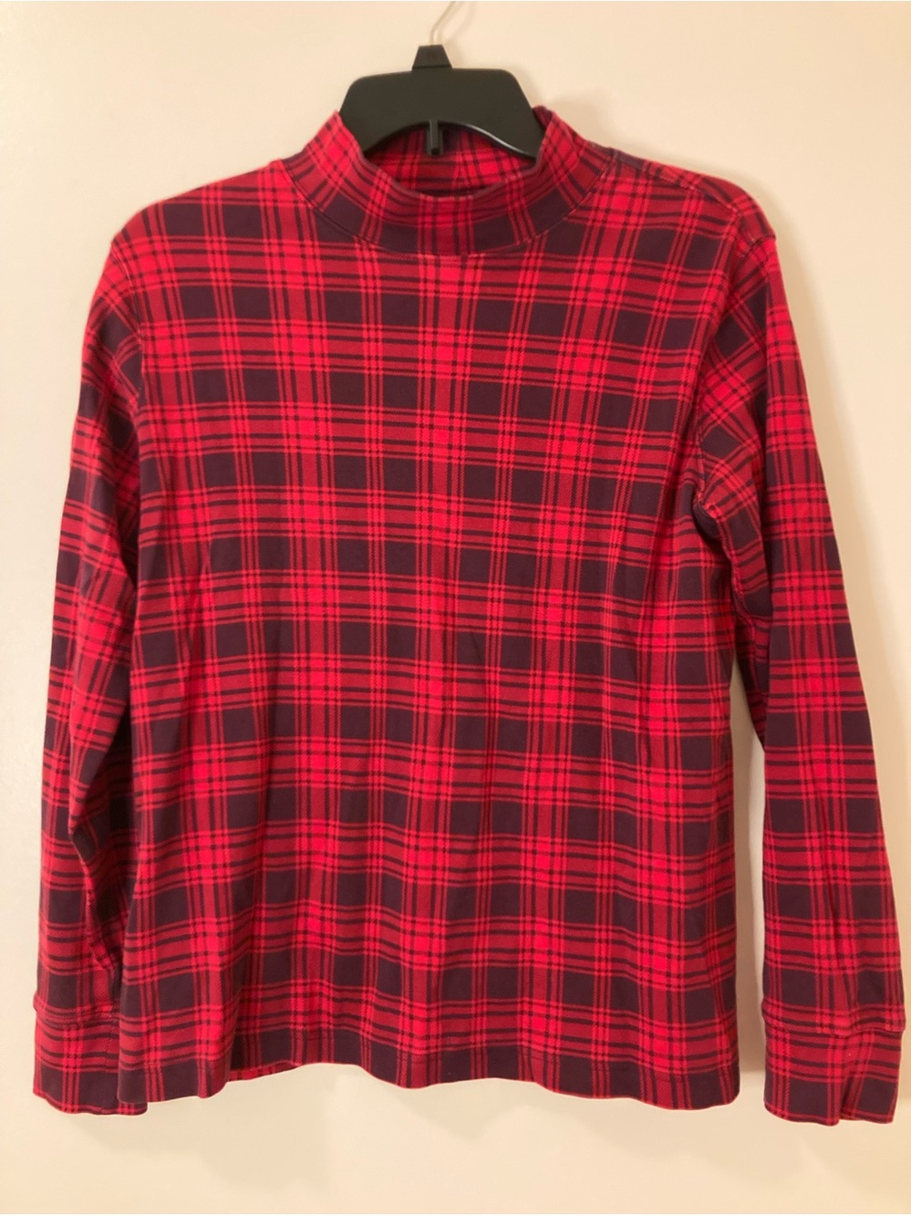 Lands’ End Red and Navy Buffalo Plaid Mock Neck Long Sleeve Shirt